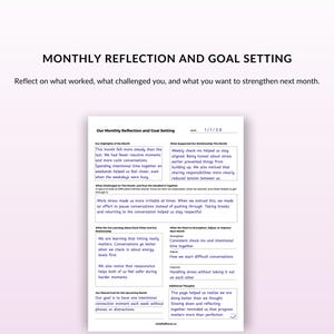 May include: A white paper titled "MONTHLY REFLECTION AND GOAL SETTING" with text. The document includes sections for reflection on highlights, challenges, and areas for improvement. The text is in black font on a white background.