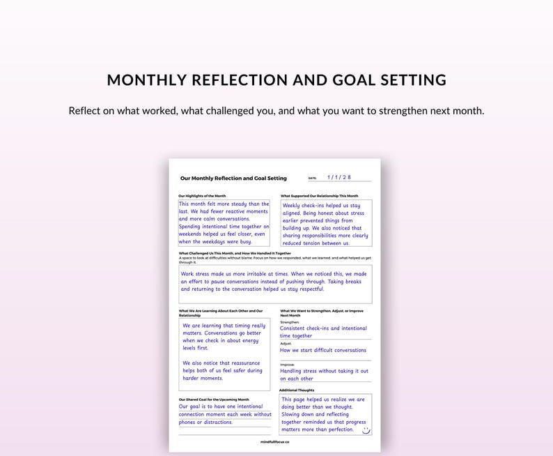 May include: A white paper titled "MONTHLY REFLECTION AND GOAL SETTING" with text. The document includes sections for reflection on highlights, challenges, and areas for improvement. The text is in black font on a white background.