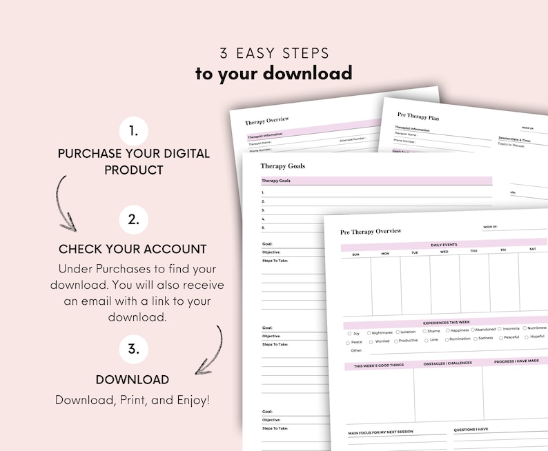 May include: A printable digital download with three easy steps to download, check your account, and download. The download includes a therapy overview, therapy goals, pre-therapy plan, and pre-therapy overview.