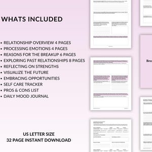 May include: A printable guide to help process a breakup. The guide includes 32 pages with sections on relationship overview, processing emotions, reasons for the breakup, exploring past relationships, reflecting on strengths, visualising the future, embracing opportunities, self-care tracker, pros and cons list, and a daily mood journal. The guide is US letter size and is an instant download.