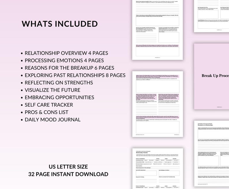 May include: A printable guide to help process a breakup. The guide includes 32 pages with sections on relationship overview, processing emotions, reasons for the breakup, exploring past relationships, reflecting on strengths, visualising the future, embracing opportunities, self-care tracker, pros and cons list, and a daily mood journal. The guide is US letter size and is an instant download.