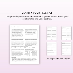 May include: A printable worksheet titled "Clarify Your Feelings" with a black and white design. The worksheet includes guided questions to help you uncover your true feelings about your relationship and your partner.