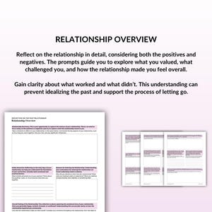 May include: A printable worksheet titled "Relationship Overview" with prompts to reflect on a past relationship. The worksheet includes sections for relationship summary, initial attraction, reasons for ending the relationship, and overall impact of the relationship.