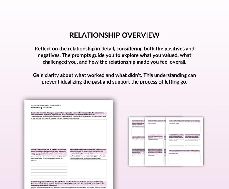 May include: A printable worksheet titled "Relationship Overview" with prompts to reflect on a past relationship. The worksheet includes sections for relationship summary, initial attraction, reasons for ending the relationship, and overall impact of the relationship.