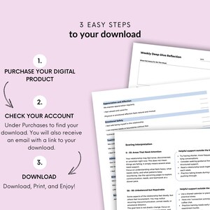 May include: A digital download guide with three steps: purchase, check account, and download. The guide includes worksheets for weekly deep-dive reflection, appreciation, and scoring interpretation. The text is in black on a white background.