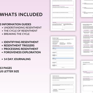 May include: A printable guide to help you understand, process, and overcome resentment. This 13-page guide includes information on identifying triggers, forgiveness exploration, and journaling prompts. The guide is formatted in US letter size.