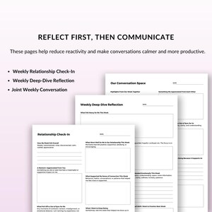 May include: White paper pages with prompts for reflection and communication. The text "REFLECT FIRST, THEN COMMUNICATE" is at the top. Prompts include "Weekly Relationship Check-In" and "Weekly Deep-Dive Reflection."