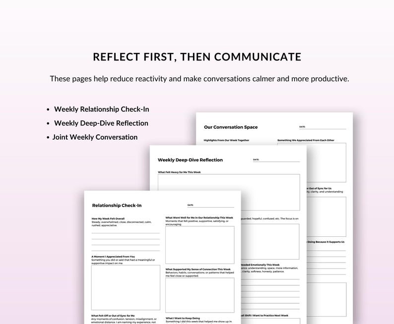 May include: White paper pages with prompts for reflection and communication. The text "REFLECT FIRST, THEN COMMUNICATE" is at the top. Prompts include "Weekly Relationship Check-In" and "Weekly Deep-Dive Reflection."