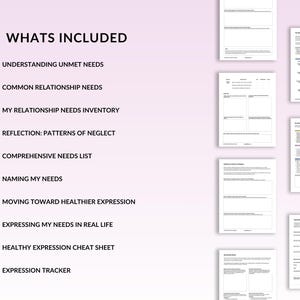 May include: A digital product with a pink background and the text "WHATS INCLUDED". The text lists topics such as "Understanding Unmet Needs", "Common Relationship Needs", and "Expression Tracker". Several pages of worksheets are also visible.