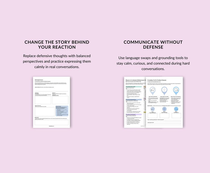 May include: A pale pink background with two white pages of text. The left page reads "CHANGE THE STORY BEHIND YOUR REACTION" and the right page reads "COMMUNICATE WITHOUT DEFENSE". The pages contain text and diagrams.