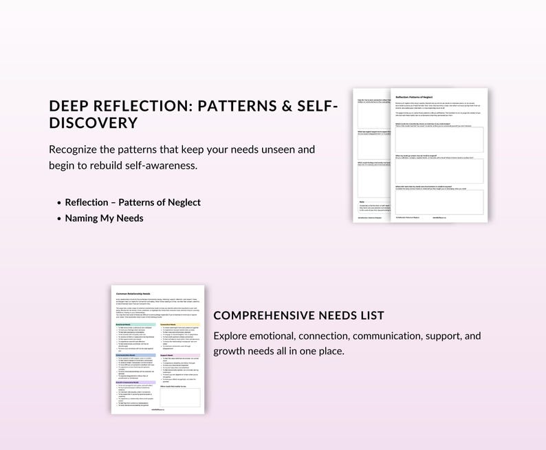 May include: Image features two worksheets and text: "DEEP REFLECTION: PATTERNS & SELF-DISCOVERY" and "COMPREHENSIVE NEEDS LIST." The text describes self-awareness and exploring emotional needs. The worksheets are printed on white paper with black text.