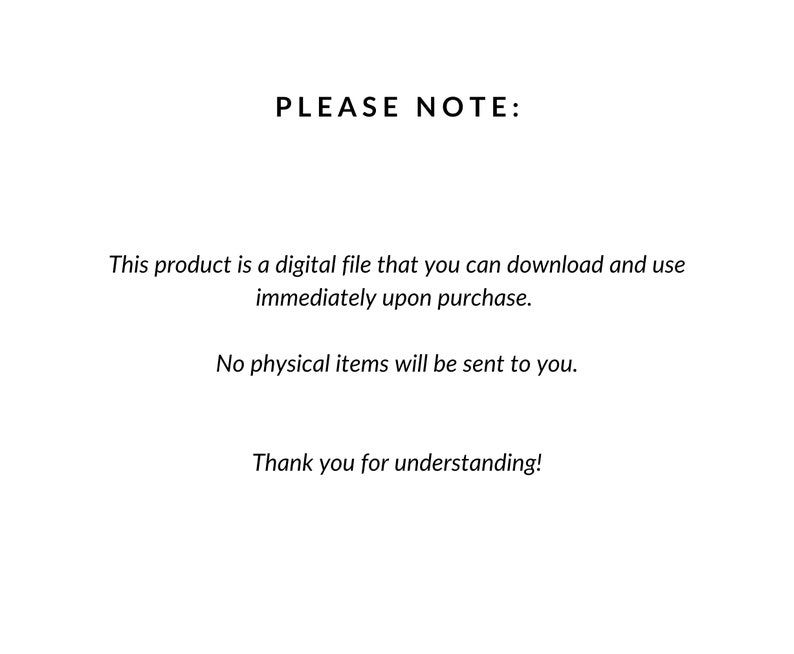 K&ouml;nnte beinhalten: Text auf wei&szlig;em Hintergrund, der lautet: "PLEASE NOTE: This product is a digital file that you can download and use immediately upon purchase. No physical items will be sent to you. Thank you for understanding!"