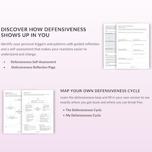 May include: A digital product with text: "DISCOVER HOW DEFENSIVENESS SHOWS UP IN YOU." Includes a self-assessment and reflection page. Also includes "MAP YOUR OWN DEFENSIVENESS CYCLE" with "The Defensiveness Cycle" and "My Defensiveness Cycle."