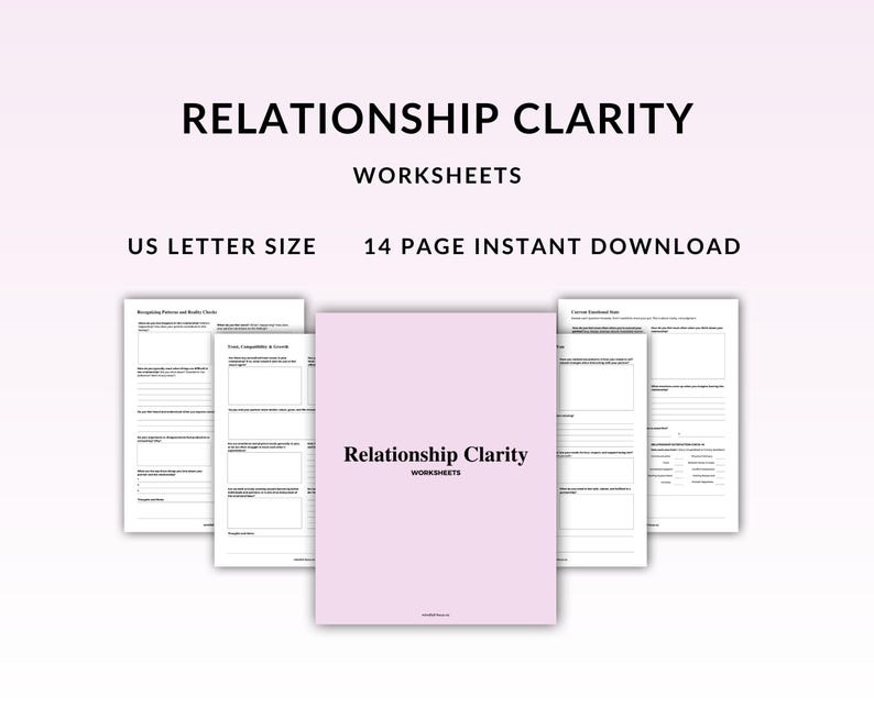 May include: A set of 14 printable worksheets titled "Relationship Clarity" in black text on a pink background. The worksheets are designed to help you gain clarity in your relationships. US Letter size instant download.