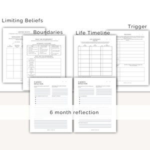 May include: A collection of white paper worksheets with text including "Limiting Beliefs", "Boundaries", "Life Timeline", "Trigger", and "6 month reflection". The worksheets are designed for self-reflection and goal setting.