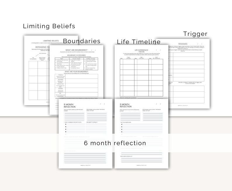 May include: A collection of white paper worksheets with text including "Limiting Beliefs", "Boundaries", "Life Timeline", "Trigger", and "6 month reflection". The worksheets are designed for self-reflection and goal setting.