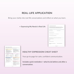 May include: A white background with the text "REAL-LIFE APPLICATION" and "HEALTHY EXPRESSION CHEAT SHEET". The image includes two sheets of paper with text and bullet points. The text on the image is in black.