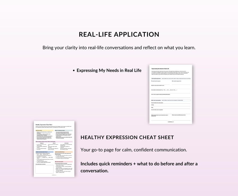 May include: A white background with the text "REAL-LIFE APPLICATION" and "HEALTHY EXPRESSION CHEAT SHEET". The image includes two sheets of paper with text and bullet points. The text on the image is in black.