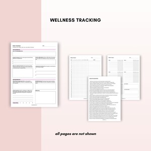 May include: Wellness tracking journal with pages for daily check-ins, sleep tracking, mood tracking, and habit tracking. The journal has a black and white design with the words "Wellness Tracking" at the top.