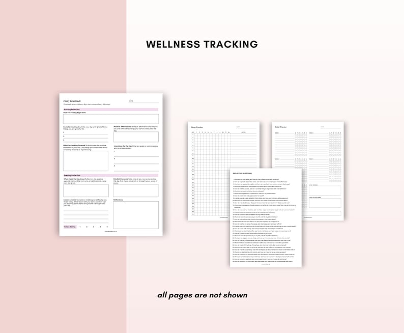 May include: Wellness tracking journal with pages for daily check-ins, sleep tracking, mood tracking, and habit tracking. The journal has a black and white design with the words "Wellness Tracking" at the top.