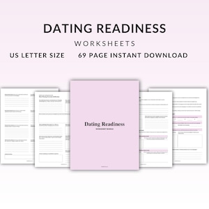 Op de afbeelding: Een set printbare werkbladen voor dating-readiness. De werkbladen zijn in zwart-wit en hebben een roze achtergrond. De titel van de werkbladen is "Dating Readiness Worksheet Bundle". De tekst "US Letter Size 69 Page Instant Download" is ook inbegrepen.