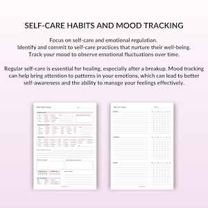 May include: A printable self-care journal and tracker with sections for daily mood, self-care practices, and mood tracking. The journal is designed to help with emotional regulation and self-awareness.