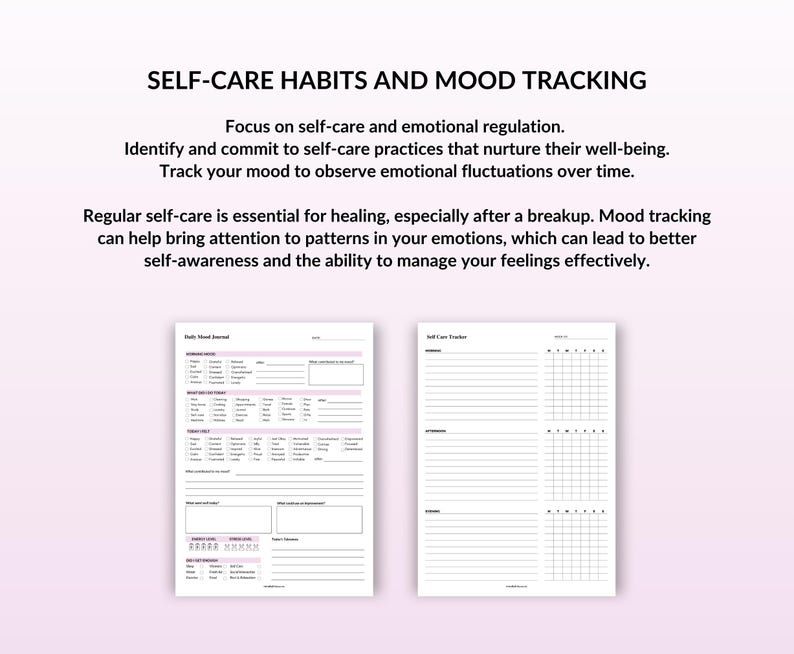 May include: A printable self-care journal and tracker with sections for daily mood, self-care practices, and mood tracking. The journal is designed to help with emotional regulation and self-awareness.