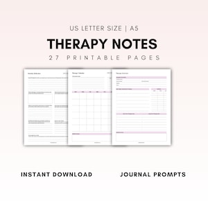 Peut inclure: Journal de notes de thérapie imprimable avec 27 pages. Les pages comprennent des sections pour les réflexions mensuelles, le calendrier de thérapie et la vue d'ensemble de la thérapie. Le journal est conçu pour du papier de format US Letter ou A5. Le texte sur l'image indique "Therapy Notes 27 Printable Pages Instant Download Journal Prompts".