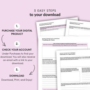 May include: A printable worksheet with three steps to download a digital product. The steps are: 1. Purchase your digital product, 2. Check your account, 3. Download, print, and enjoy. The worksheet is on a pink background.