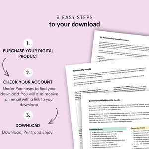 May include: A digital download graphic with the text "3 EASY STEPS to your download." The steps are: purchase, check your account, and download. The image includes sample pages titled "My Relationship Needs Inventory" and "Naming My Needs."