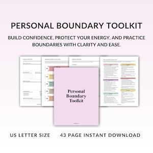 May include: A pink booklet titled "Personal Boundary Toolkit" is centered, with the text "Build Confidence, Protect Your Energy, and Practice Boundaries with Clarity and Ease" above it. The words "US Letter Size" and "43 Page Instant Download" are at the bottom.