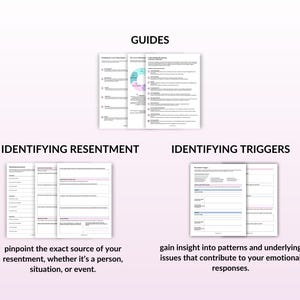 May include: Two printable worksheets for identifying triggers and resentment. The worksheets are designed to help users pinpoint the exact source of their resentment and gain insight into patterns and underlying issues that contribute to their emotional responses.