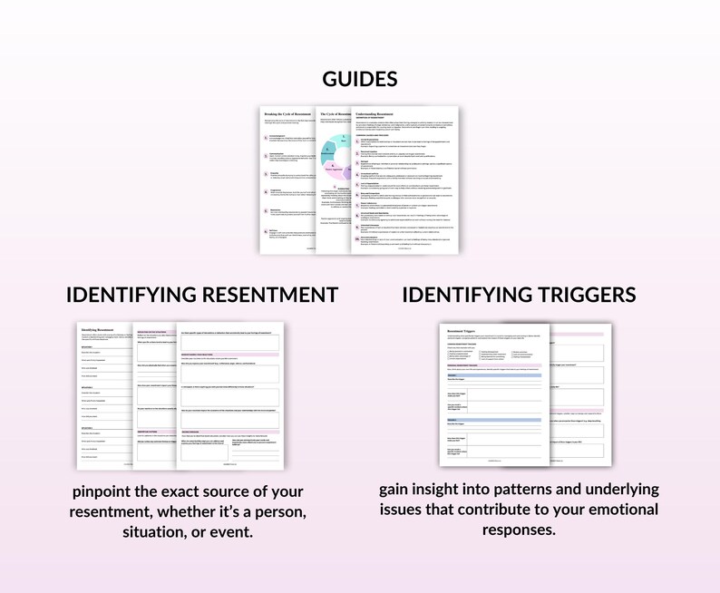 May include: Two printable worksheets for identifying triggers and resentment. The worksheets are designed to help users pinpoint the exact source of their resentment and gain insight into patterns and underlying issues that contribute to their emotional responses.