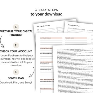K&ouml;nnte beinhalten: Ein druckbares Arbeitsblatt mit drei Schritten zum Herunterladen eines digitalen Produkts. Die Schritte sind: 1. Kaufen Sie Ihr digitales Produkt, 2. &Uuml;berpr&uuml;fen Sie Ihr Konto, 3. Laden Sie herunter. Das Arbeitsblatt enth&auml;lt auch eine Liste von Aufforderungen zur Reflexion und Zielsetzung.