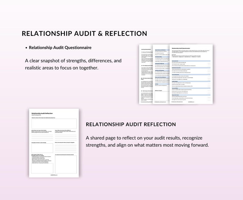 May include: A graphic with the text "RELATIONSHIP AUDIT & REFLECTION" and "Relationship Audit Questionnaire". The image also includes a shared page for reflecting on audit results and recognizing strengths.
