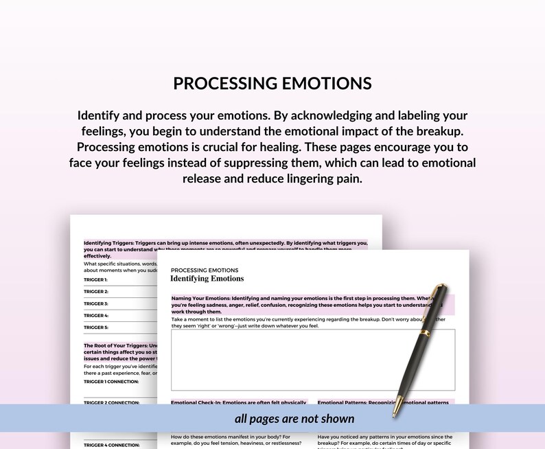 May include: A printable worksheet titled "Processing Emotions" with instructions on how to identify and process emotions. The worksheet includes sections for identifying triggers, naming emotions, and emotional check-ins.