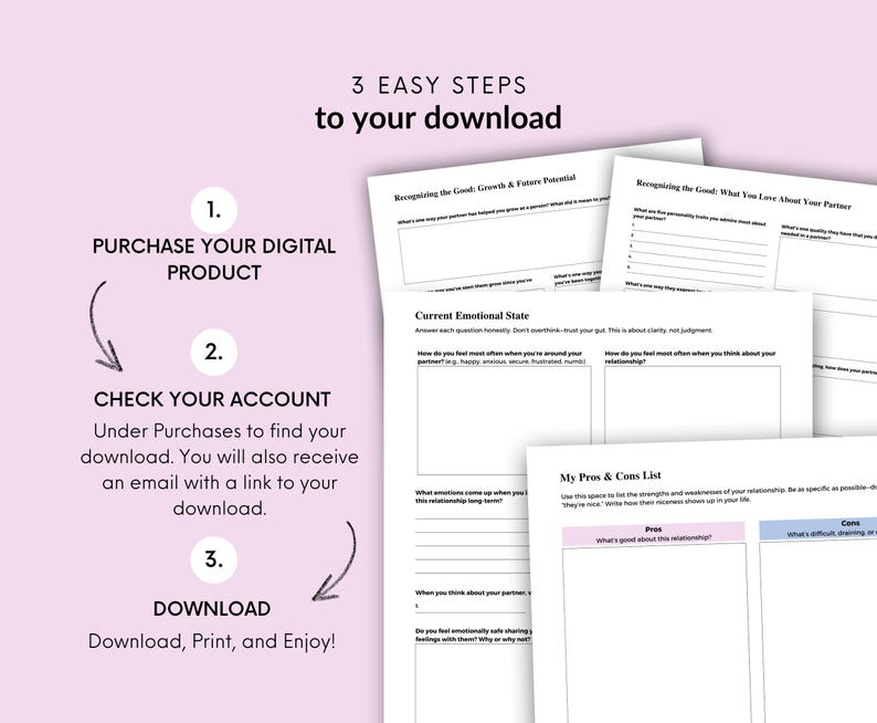 May include: A pink and white printable worksheet with three steps to download a digital product. The steps are: 1. Purchase your digital product, 2. Check your account, 3. Download. The worksheet also includes a section titled "Recognizing the Good: Growth & Future Potential" and "Recognizing the Good: What You Love About Your Partner".