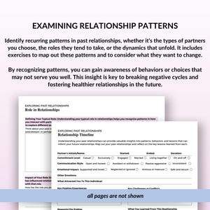 May include: A worksheet titled "Exploring Past Relationships: Relationship Timeline" with sections for partner's initials, commitment level, communication style, emotional impact, other emotions, what attracted you to this individual, key positive experiences, key challenges or conflicts, reasons for ending, and what you learned from this relationship. The worksheet includes checkboxes for different relationship stages and characteristics.