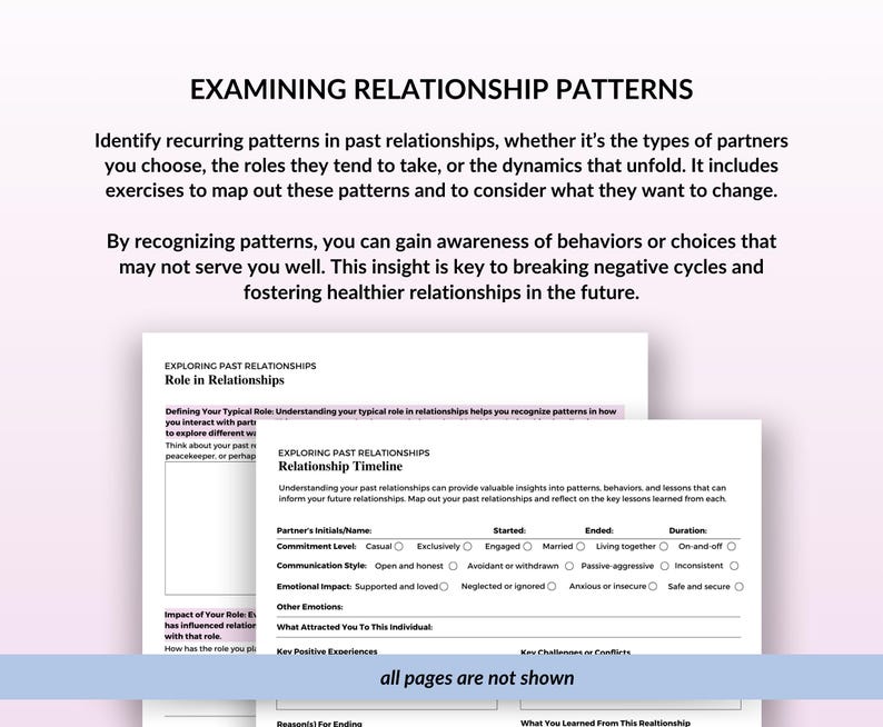 May include: A worksheet titled "Exploring Past Relationships: Relationship Timeline" with sections for partner's initials, commitment level, communication style, emotional impact, other emotions, what attracted you to this individual, key positive experiences, key challenges or conflicts, reasons for ending, and what you learned from this relationship. The worksheet includes checkboxes for different relationship stages and characteristics.