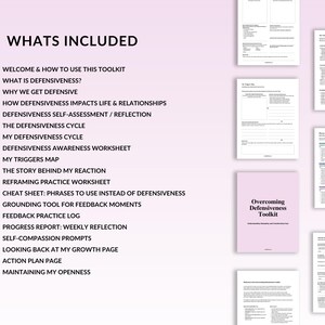 May include: A pink booklet titled "Overcoming Defensiveness Toolkit" with several white worksheets. The toolkit includes guides on defensiveness, self-assessment, and action planning. The text "Whats Included" is at the top of the image.
