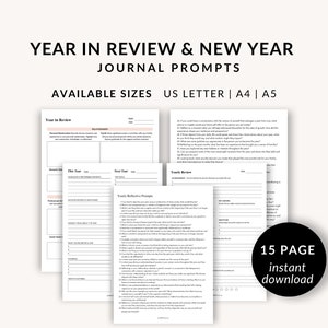 Puede incluir: Una hoja de trabajo imprimible con el texto "Year in Review & New Year Journal Prompts" en negro sobre fondo blanco. La hoja de trabajo está dividida en secciones con indicaciones para la reflexión y el establecimiento de objetivos. El texto "Available Sizes US Letter | A4 | A5" también está incluido. La hoja de trabajo está diseñada para ayudar a los usuarios a reflexionar sobre el año pasado y establecer objetivos para el nuevo año.