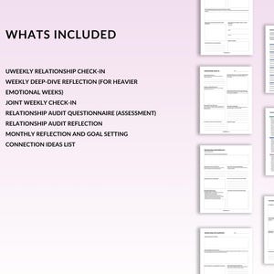May include: A digital product with the text "WHATS INCLUDED" at the top. Below, a list of items includes "UWEEKLY RELATIONSHIP CHECK-IN" and "WEEKLY DEEP-DIVE REFLECTION." Several pages of a planner are visible on the right side of the image.