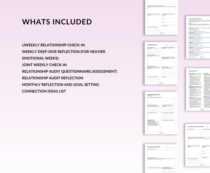 May include: A digital product with the text "WHATS INCLUDED" at the top. Below, a list of items includes "UWEEKLY RELATIONSHIP CHECK-IN" and "WEEKLY DEEP-DIVE REFLECTION." Several pages of a planner are visible on the right side of the image.