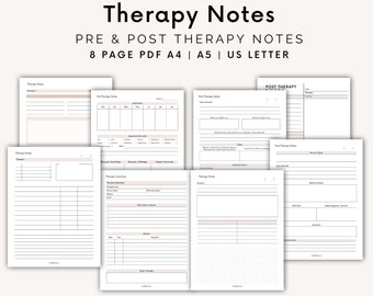 Therapienotizen, Therapiesitzungs-Log, Vor- und Nachtherapie-Sitzungsnotizen, Therapie-Tools, Therapieübersicht, druckbare Notizen, Selbstpflege