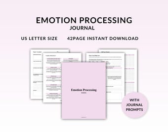May include: A US Letter Size emotion processing journal with a soft pink cover. The journal includes 42 pages and features journal prompts. The cover reads "Emotion Processing Journal". Several open pages are visible, displaying prompts and self-care trackers.