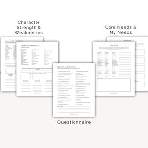 May include: A collection of white paper questionnaires with black text. The questionnaires are labeled "Character Strength & Weaknesses", "Core Needs & My Needs", and "About Me Questionnaire". The word "Questionnaire" is at the bottom.