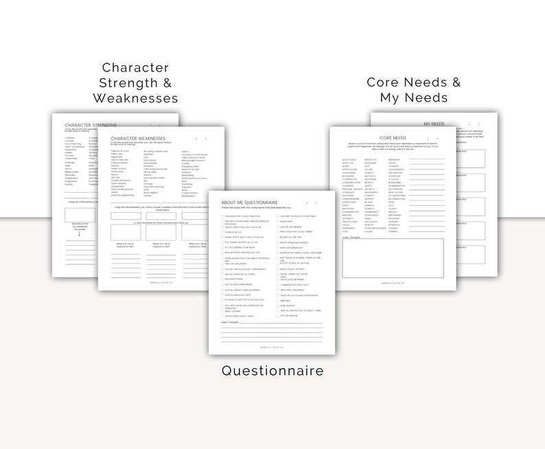 May include: A collection of white paper questionnaires with black text. The questionnaires are labeled "Character Strength & Weaknesses", "Core Needs & My Needs", and "About Me Questionnaire". The word "Questionnaire" is at the bottom.