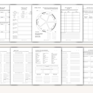 May include: A collection of white paper worksheets with black text. The worksheets include titles such as "Wheel of Life Assessment", "Life Experience", and "About Me". The pages are designed for self-reflection and goal setting.