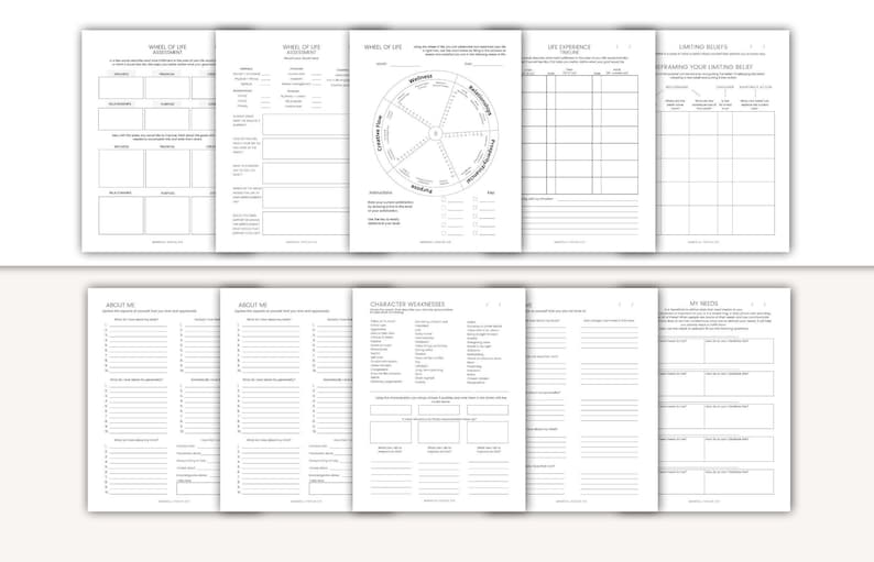 May include: A collection of white paper worksheets with black text. The worksheets include titles such as "Wheel of Life Assessment", "Life Experience", and "About Me". The pages are designed for self-reflection and goal setting.