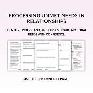 May include: A set of 11 printable pages with the text "PROCESSING UNMET NEEDS IN RELATIONSHIPS". The pages include prompts to identify, understand, and express emotional needs. The document is US Letter size.